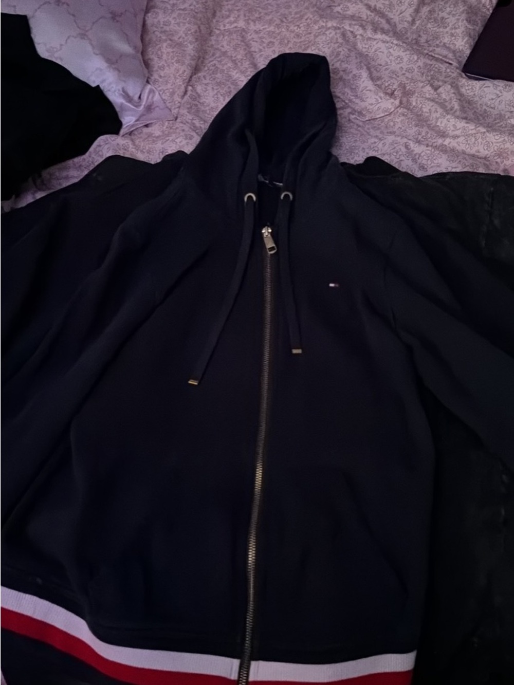 Tommy Hilfiger Navy Hooded Zip-Up Jacket with Red & White Stripe Hem